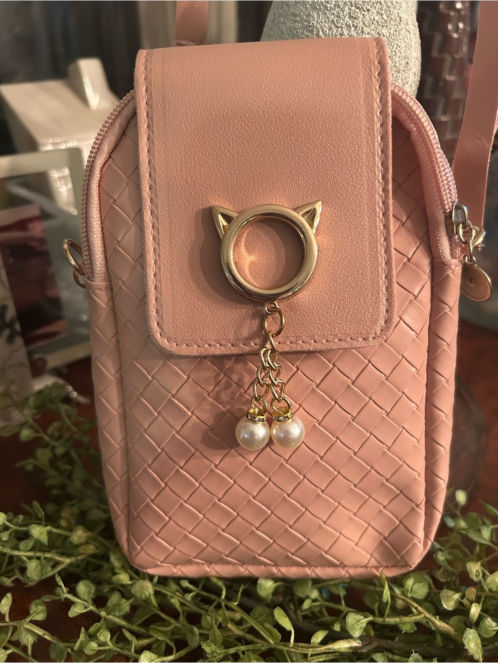 Women’s Blush Pink Woven Crossbody Bag with Pearl Charm - Picture 2 of 3